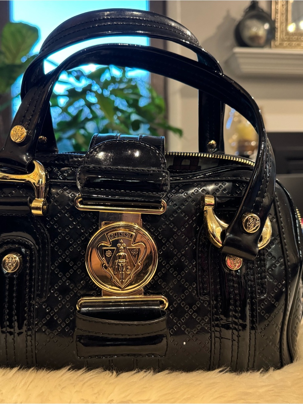Gucci Babouska studded Black Patent Leather Satchel Bag